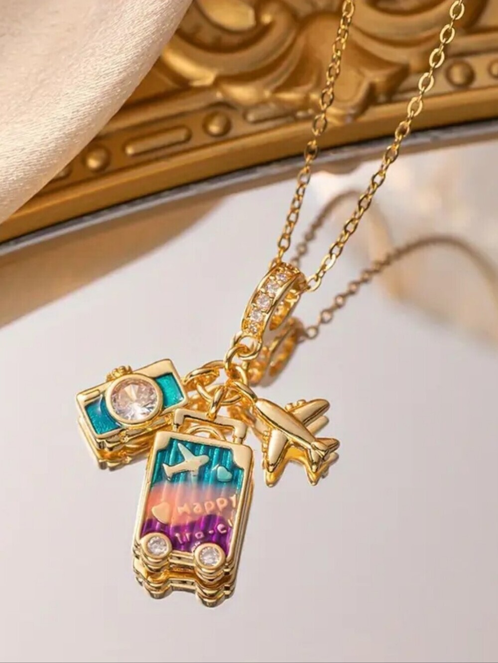 Travel Charm Necklace Gold Suitcase Airplane Camera Pendant Gift for Her